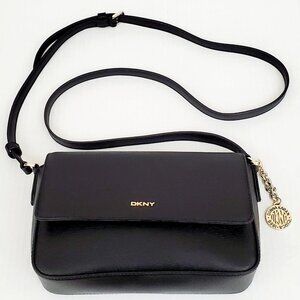 DKNY Womens Bryant Medium Flap Black & Gold Leather CrossBody Bag Purse Handbag